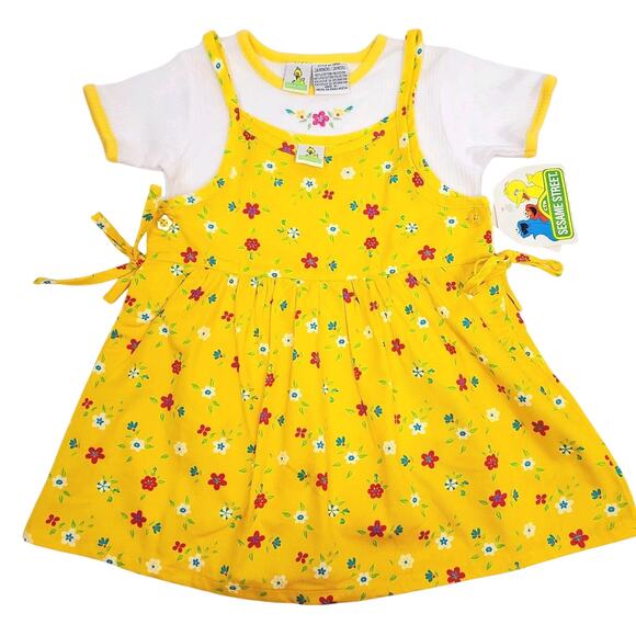 Vintage Sesame Street Y2k 24m Overall Dress Girls Set Outfit Yellow Daisy 2t